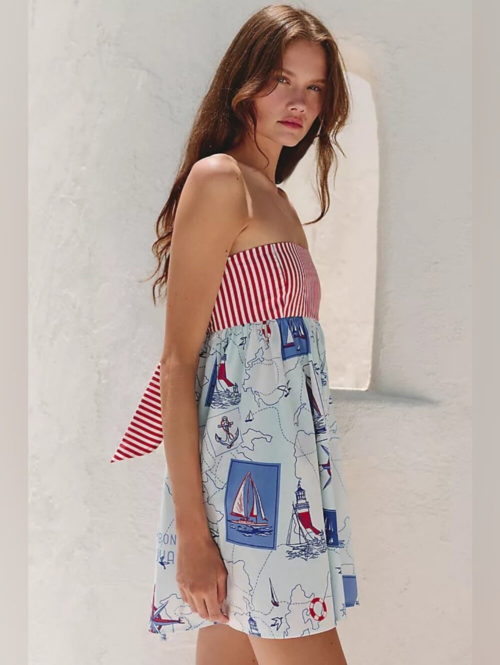 Celandine Anthropologie Cotton Printed Strapless Mini Dress Nautical Stripe